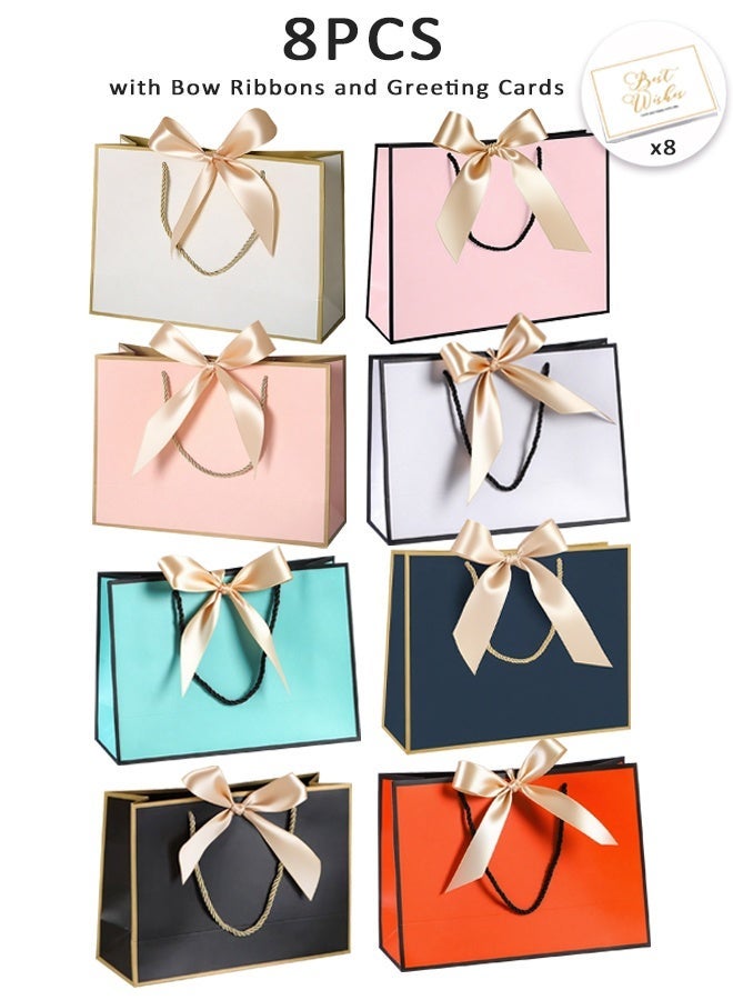 8 قطع أكياس هدايا، مع شريط فيونكة وبطاقات تهنئة، أكياس هدايا ورقية ملونة مقاومة للماء، لحفلات استقبال المولود الجديد، أعياد الميلاد، حفلات الزفاف، الحفلات، المهرجانات، العطلات (8 ألوان) - Image 1